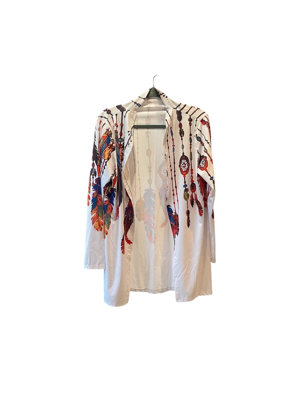 Boho Feather Print Open Cardigan - White with Multicolor Feathers